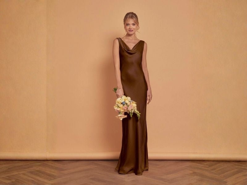 longsleeve brown dress Satin panel mock neck long sleeve maxi - Light Bardot Fold Over Long perfect for any occasion black and cream dress Size:40W | 34-36L