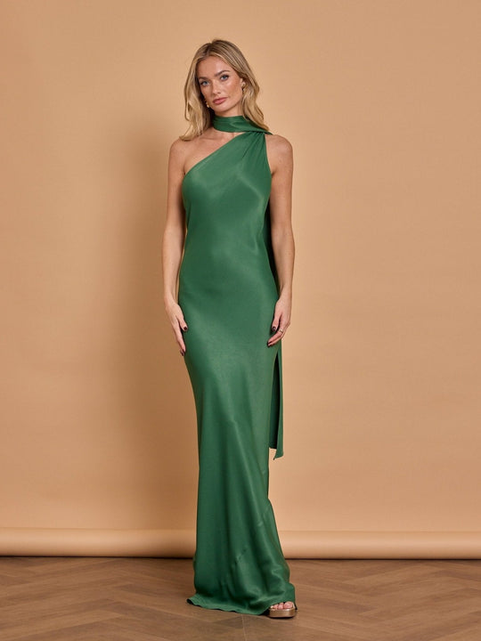 Cressida Satin Asymmetric Dress - Emerald Green - 14 / Emerald Green