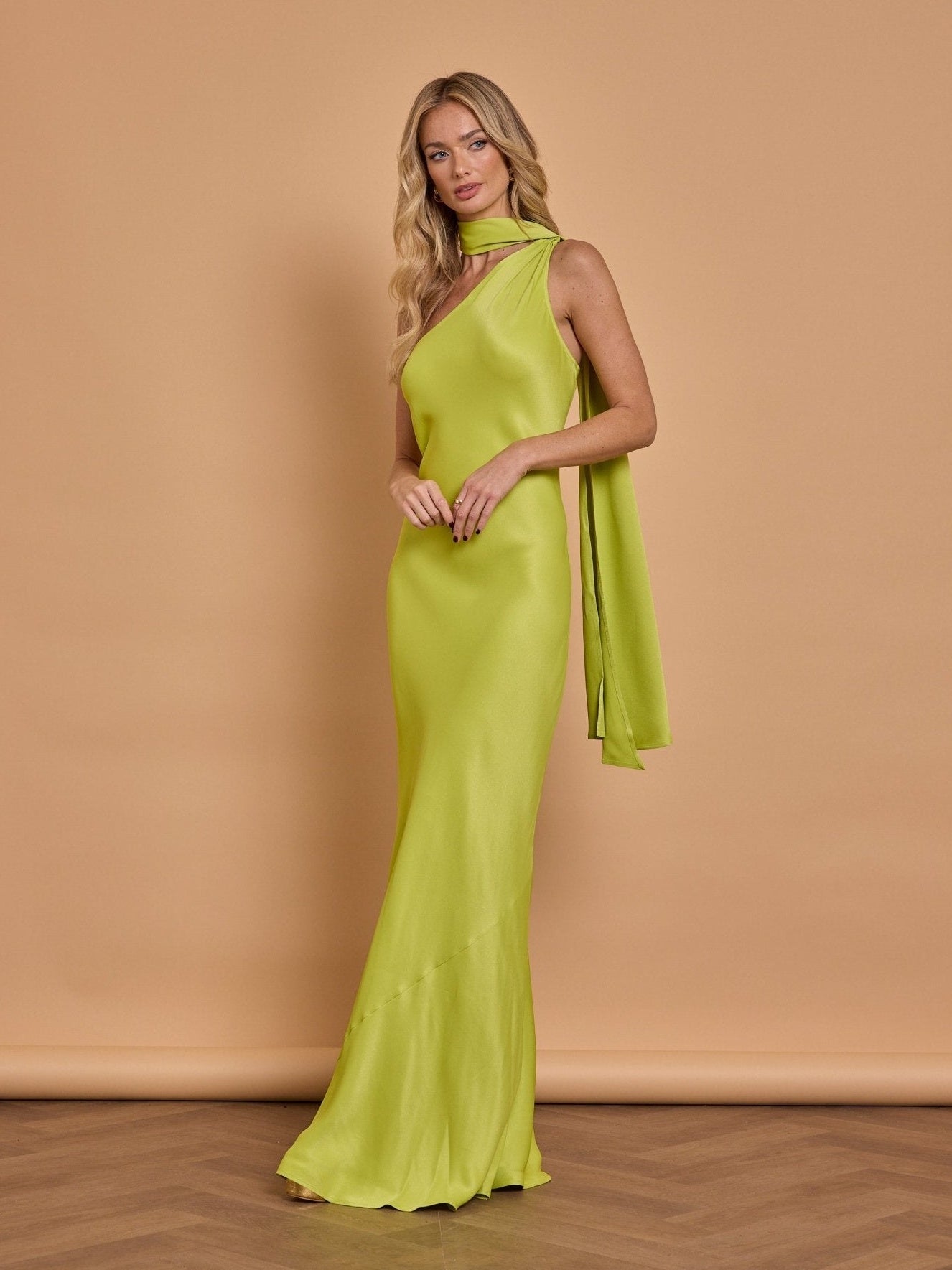bridesmaid dresses lime green Azazie Voni Lemongrass Stretch Satin Bridesmaid Dresses
