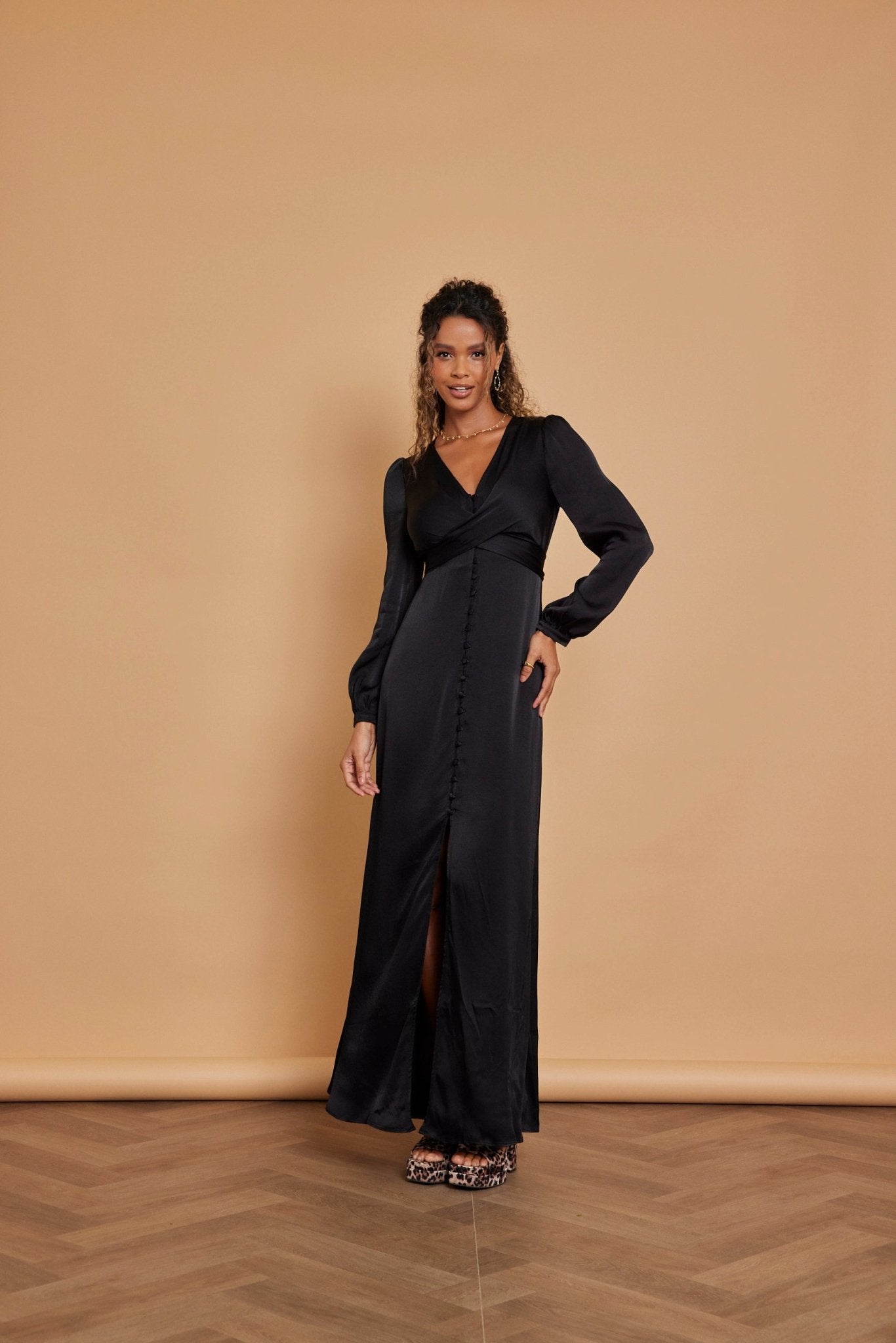 Kitty Satin V Neck Dress Black