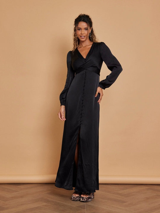 Kitty Satin V Neck Bridesmaid Dress - Black - 8 / Black