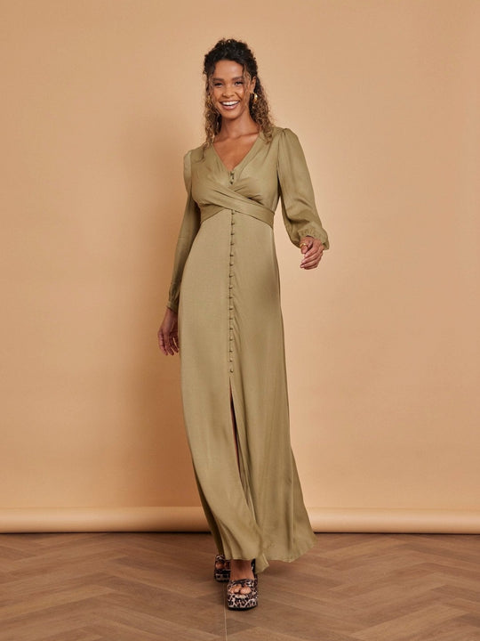 Kitty Satin V Neck Bridesmaid Dress - Olive Green - 10 / Olive Green