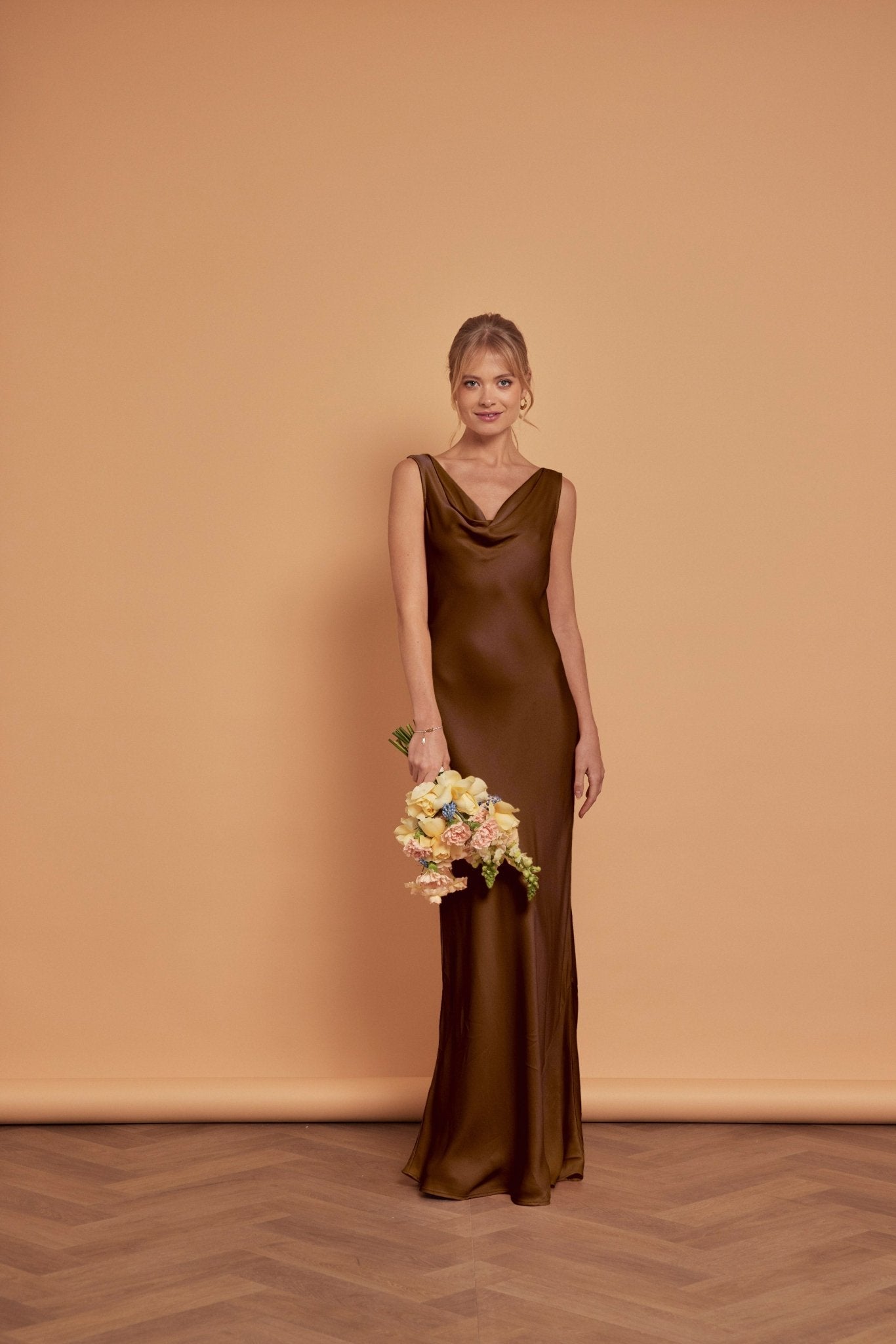 Pandy Satin Cowl Bridesmaid Dress Chocolate Brown