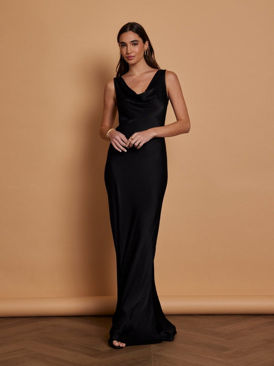 Pandy Satin Cowl Bridesmaid Dress - Black - 6 / Black