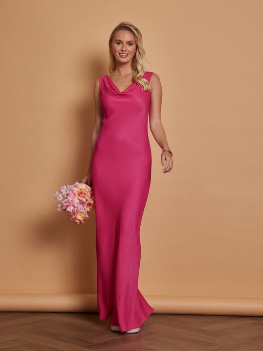 Pandy Satin Cowl Bridesmaid Dress - Hot Pink - 6 / Hot Pink