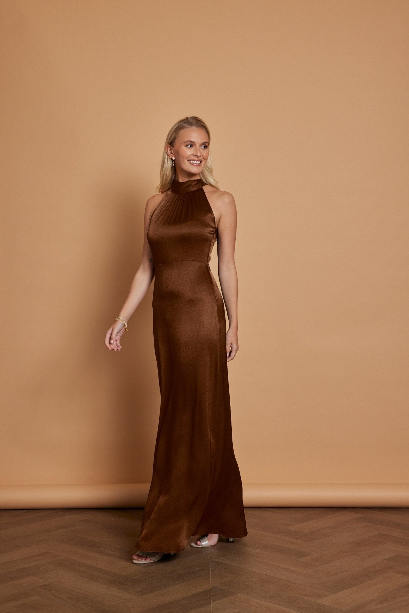 Tilly Satin High Neck Bridesmaid Dress Chocolate Brown