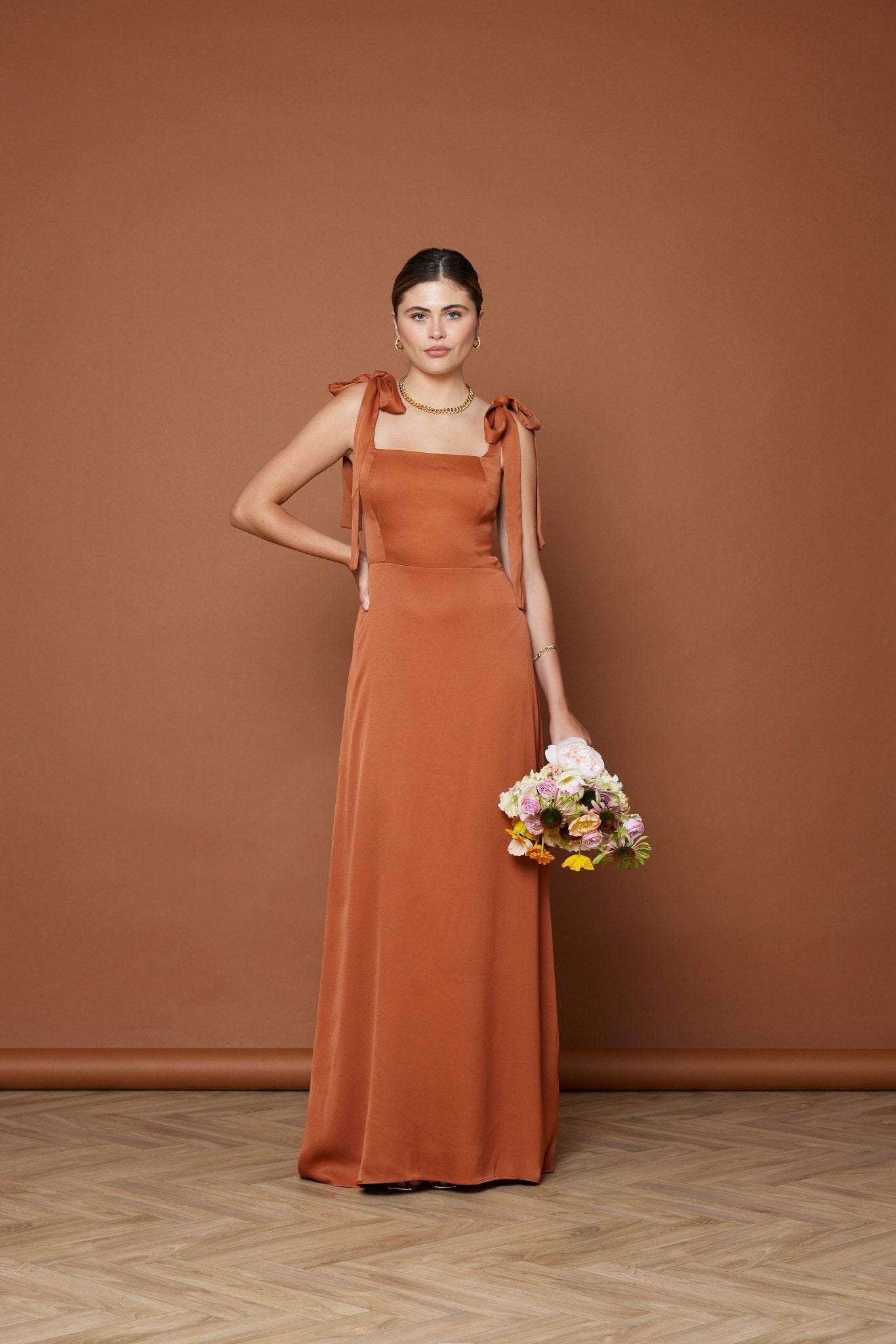 Allegra Satin Tie Shoulder Bridesmaid Dress - Burnt Orange Allegra Satin Tie Shoulder Bridesmaid Dress - Burnt Orange