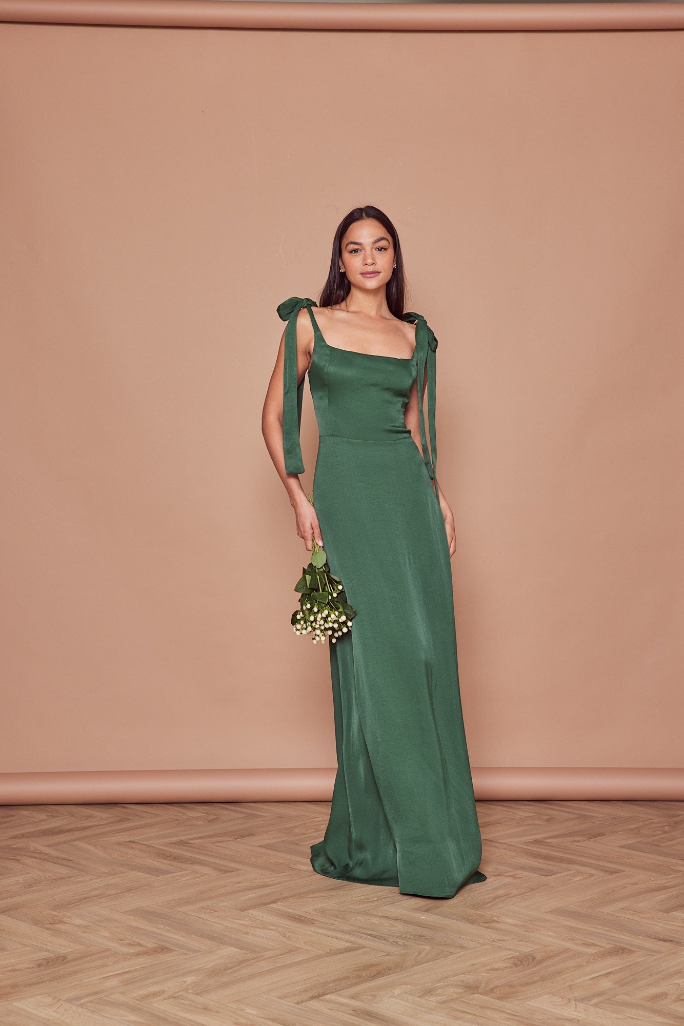 Allegra Satin Tie Shoulder Dress - Forest Green - Maids to Measure