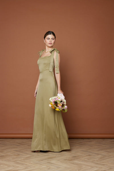 Allegra Satin Tie Shoulder Dress - Olive Green NEW - Maids to Measure