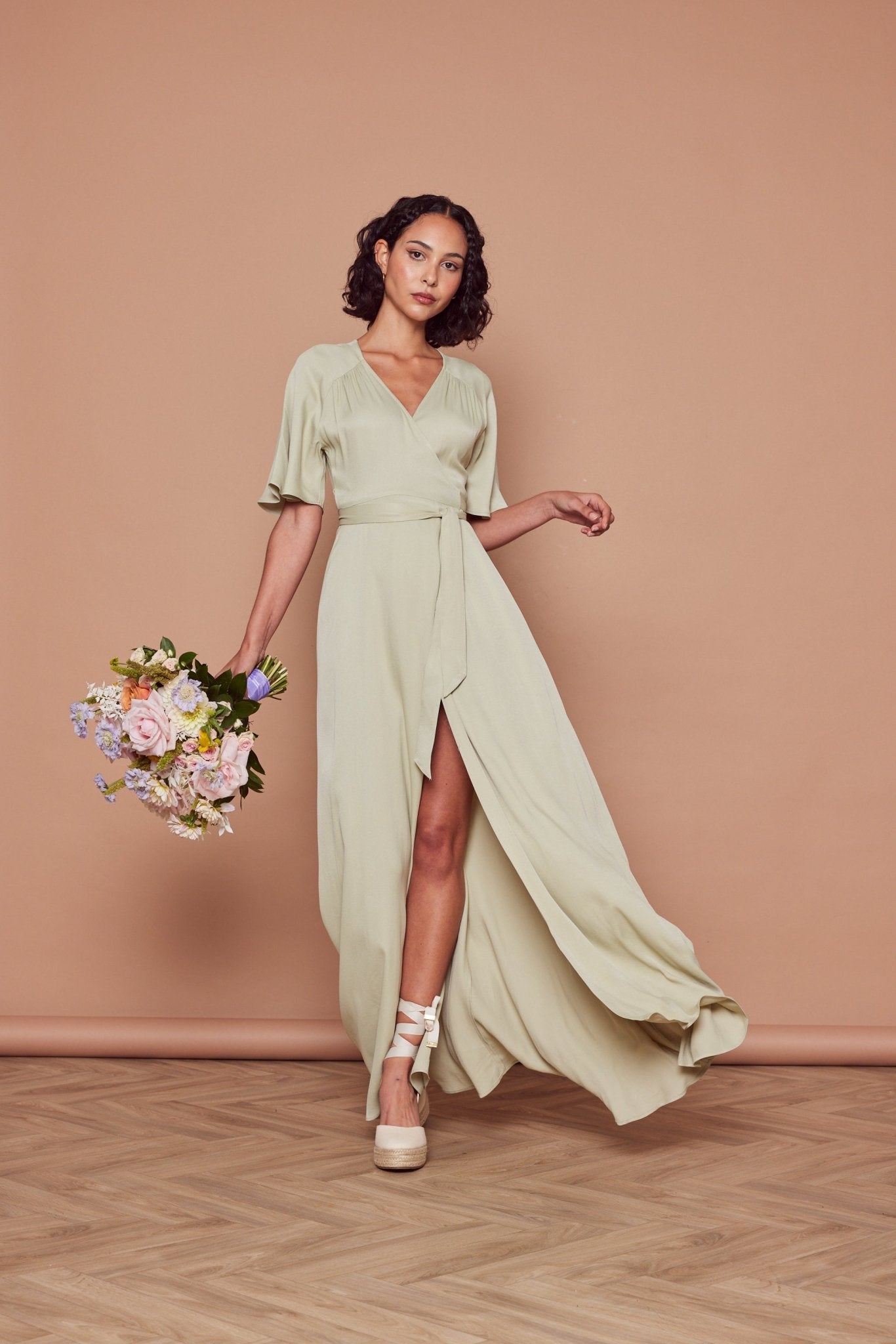 Margot Satin Wrap Dress - Sage Green - Maids to Measure