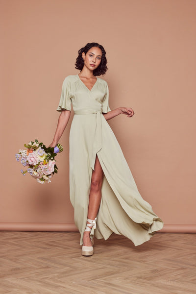 Margot Satin Wrap Dress - Sage Green - Maids to Measure