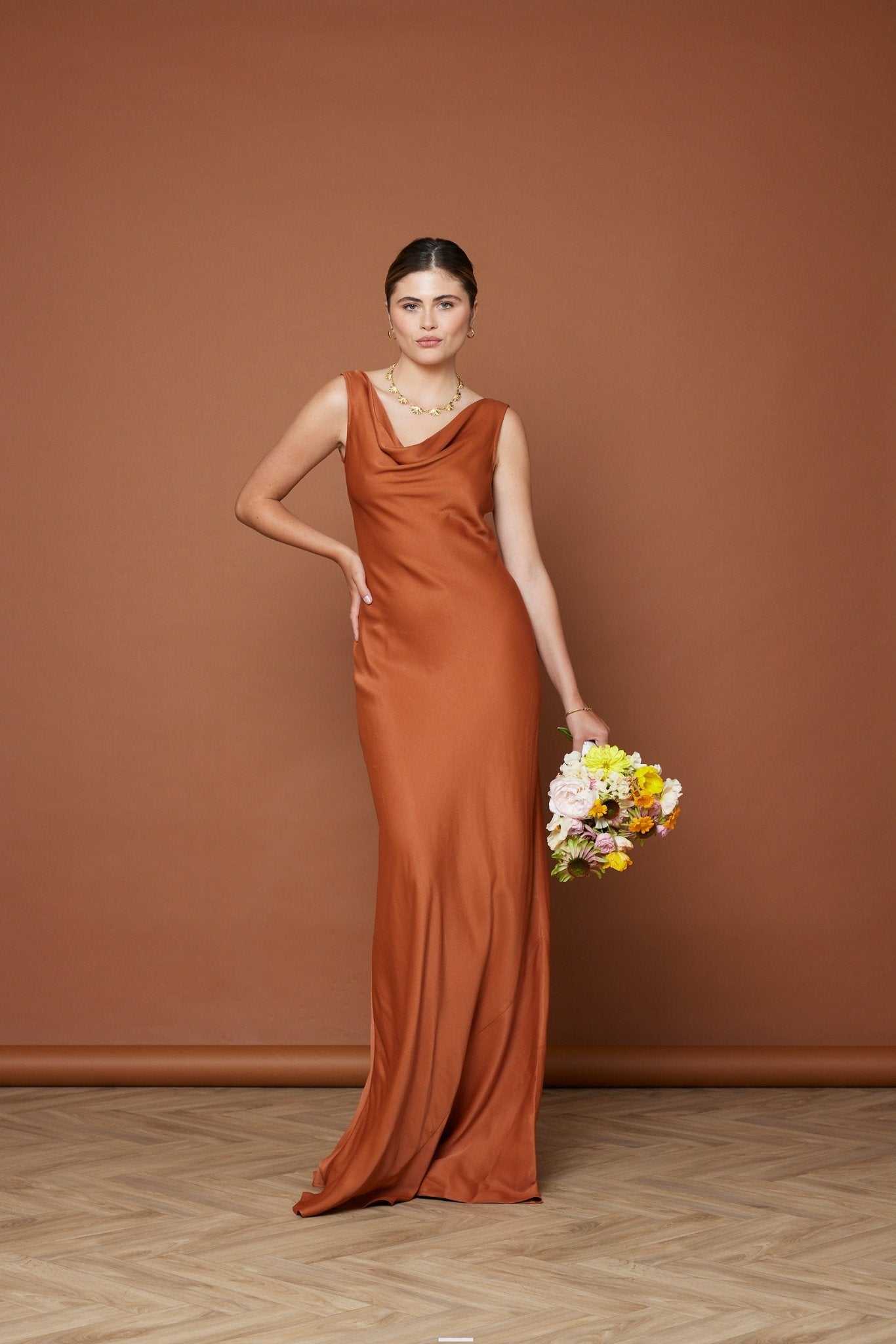 Pandy Satin Cowl Dress - Burnt Orange - Maids to Measure