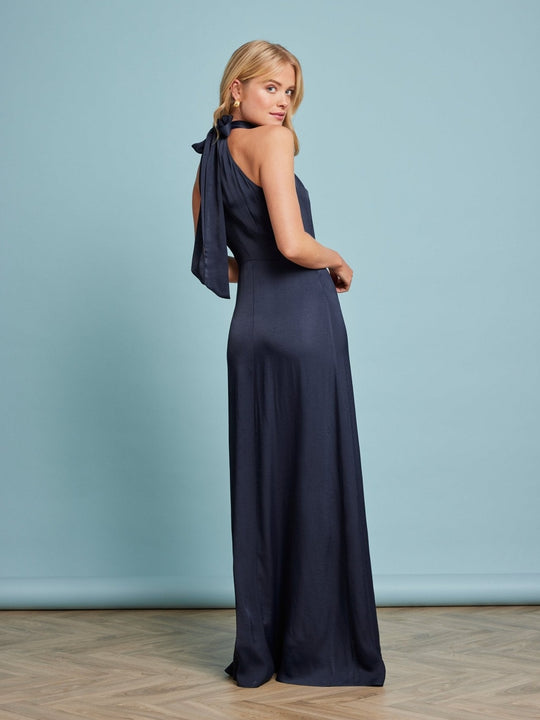 Tilly Satin High Neck Scarf Tie Halter Dress - Navy Blue - 6 / Navy Blue