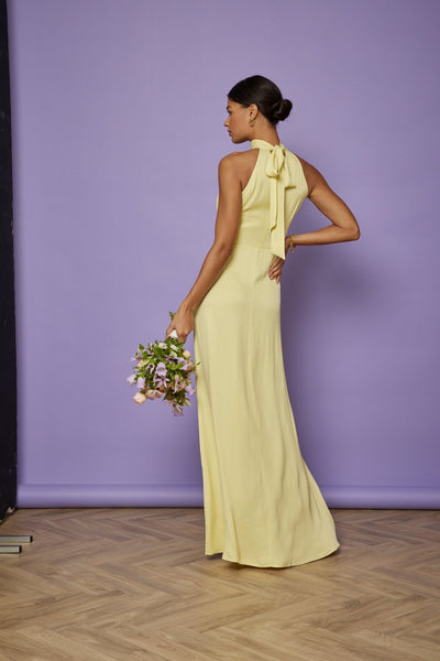 Tilly Satin High Neck Scarf Tie Halter Dress - Yellow NEW - Maids to Measure