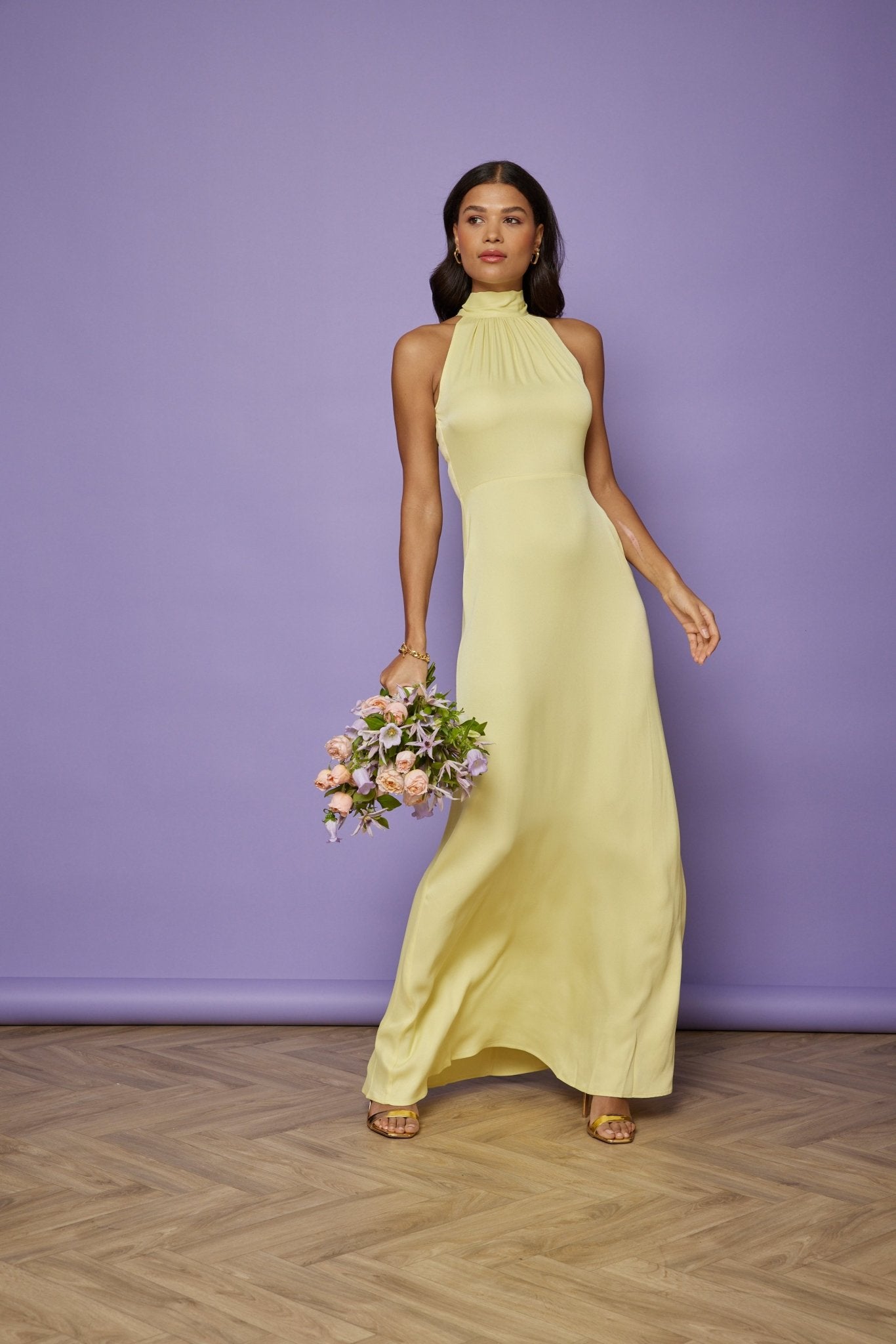 Tilly Satin High Neck Scarf Tie Halter Dress - Yellow NEW - Maids to Measure