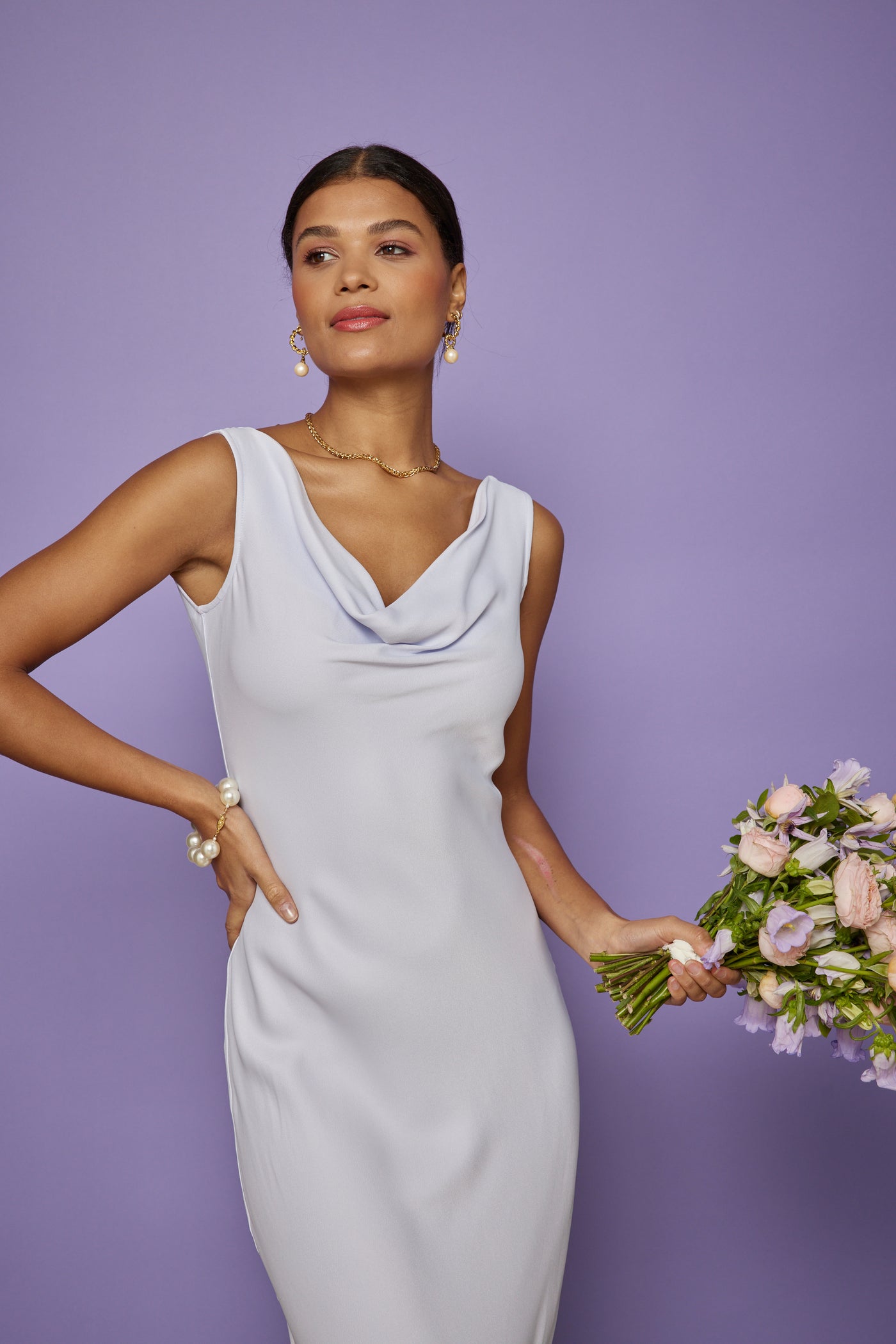 Pandy Satin Cowl Dress - Pale Blue