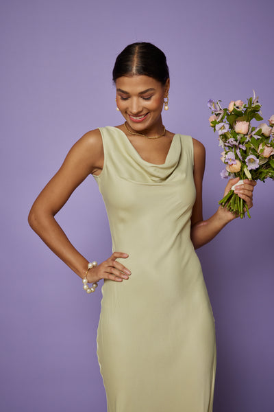 Pandy Satin Cowl Dress - Sage Green NEW