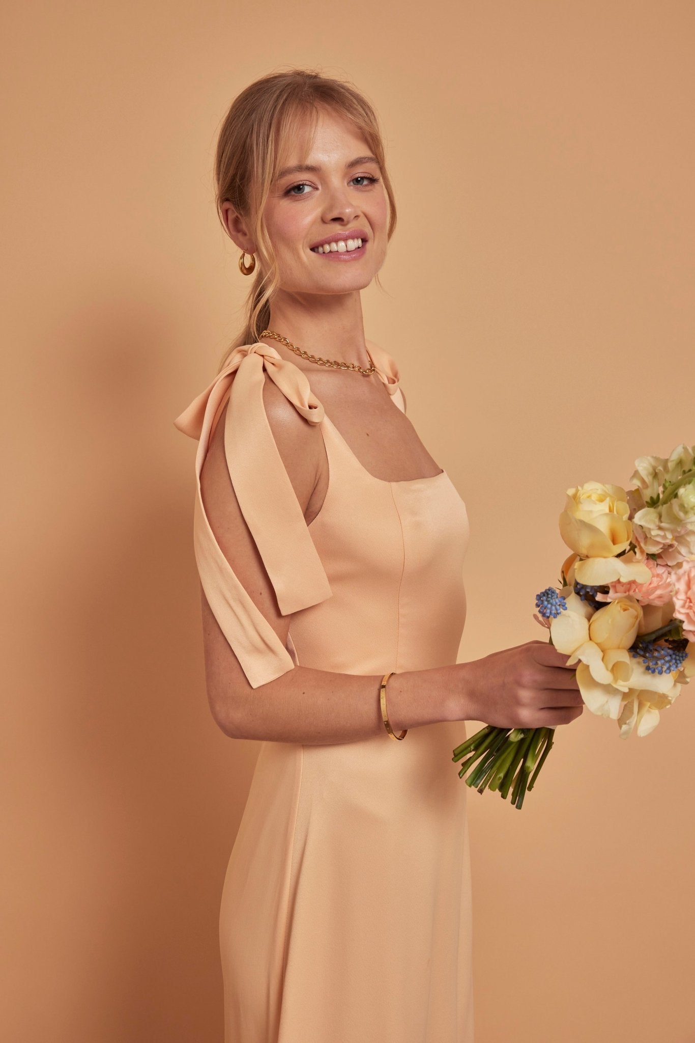 Allegra Satin Tie Shoulder Bridesmaid Dress - Peach - Maids to Measure