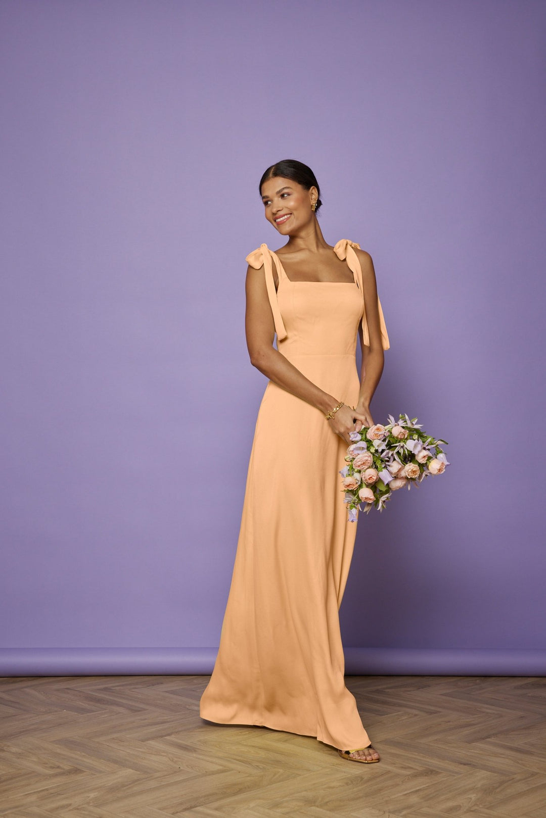 peach bridesmaid dresses uk BABARONI Chiffon Peach Bridesmaid Dresses A-line V-neck Sleeveless  Floor-length – BABARONI UK main image 1