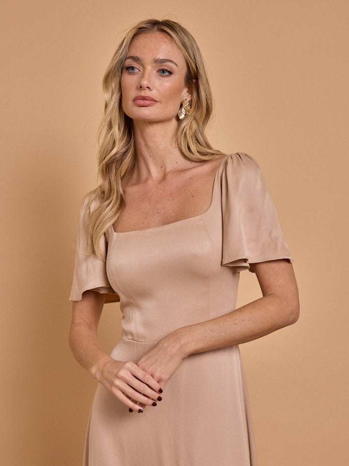 matte satin mocha dress Cara | Brown Matte Satin High-Neck Maxi Dress