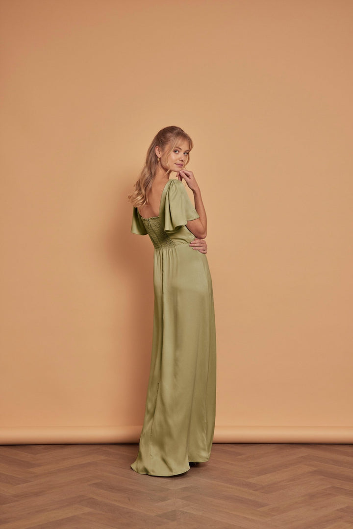 strapless open back dress Clemmie Olive Green Bridesmaid Dress