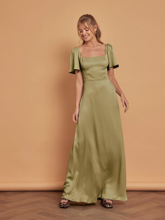 Clemmie Satin Bridesmaid Dress - Olive Green - 16 / Olive Green