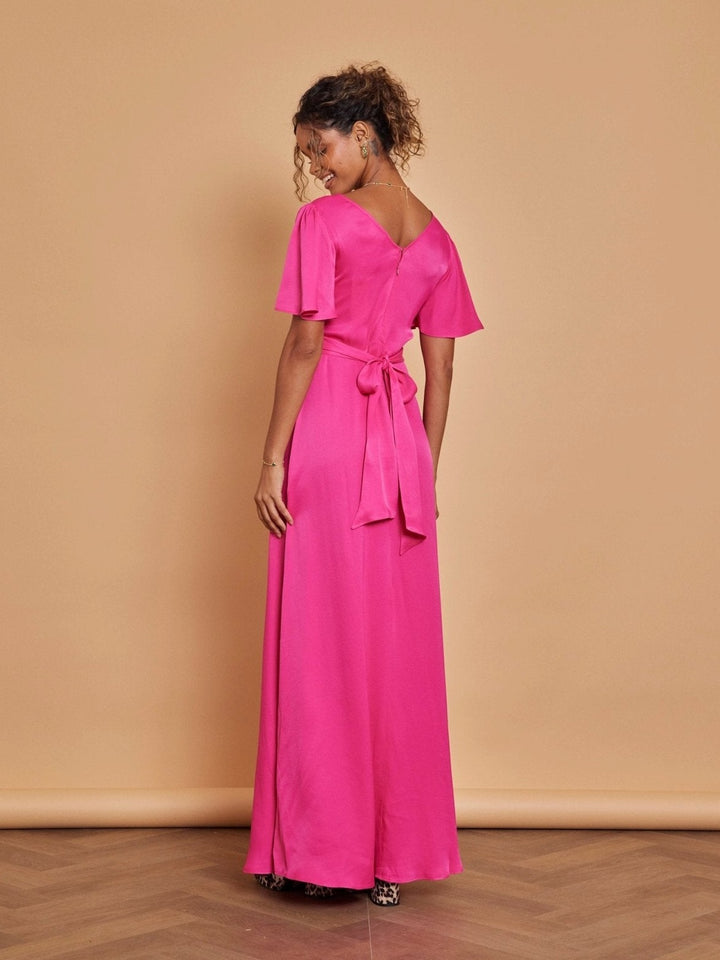 hot pink bridesmaid dresses Mermaid Hot Pink Slit Straps Simple Elegant Long Formal Bridesmaid Dre   bridalsew