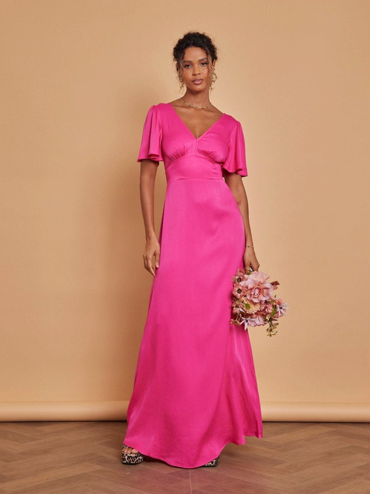 hot pink maid of honor dresses Hot Pink Cleo Satin Dress - Bridesmaid Dresses