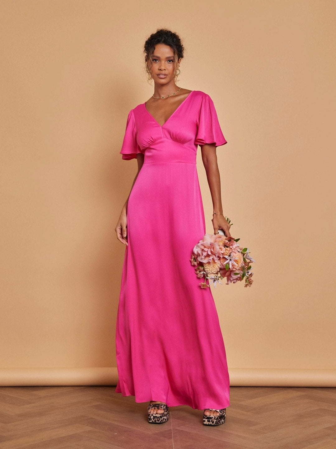 hot pink satin dress with sleeves Darla Long Sleeve Satin Dress Hot Pink
