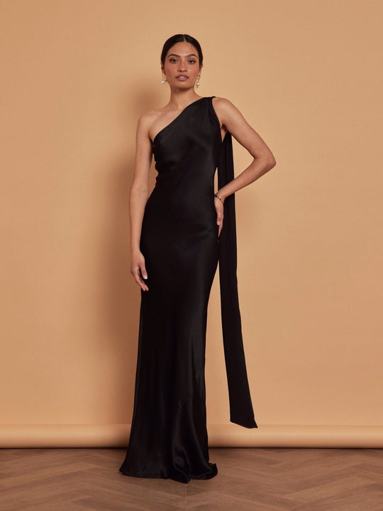 Cressida Satin Asymmetric Dress - Black - 6 / Black