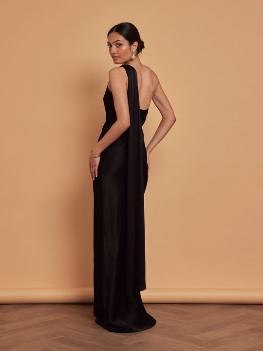Cressida Satin Asymmetric Dress - Black - Maids to Measure