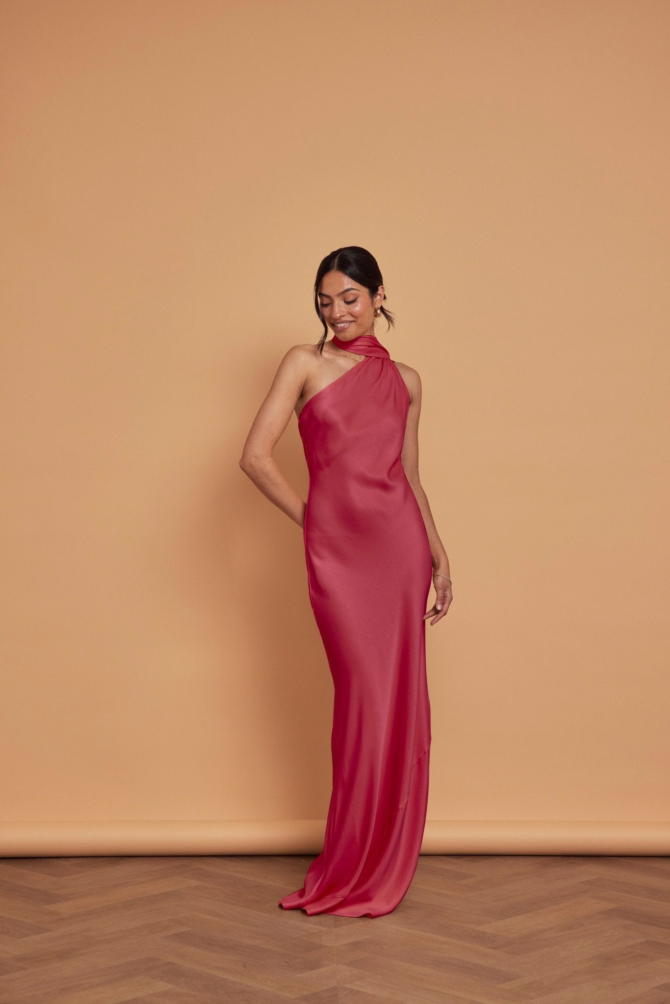 Cressida Satin Asymmetric Dress - Burgundy - Maids to Measure