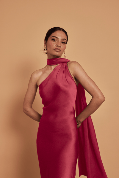 Cressida Satin Asymmetric Dress - Burgundy - Maids to Measure