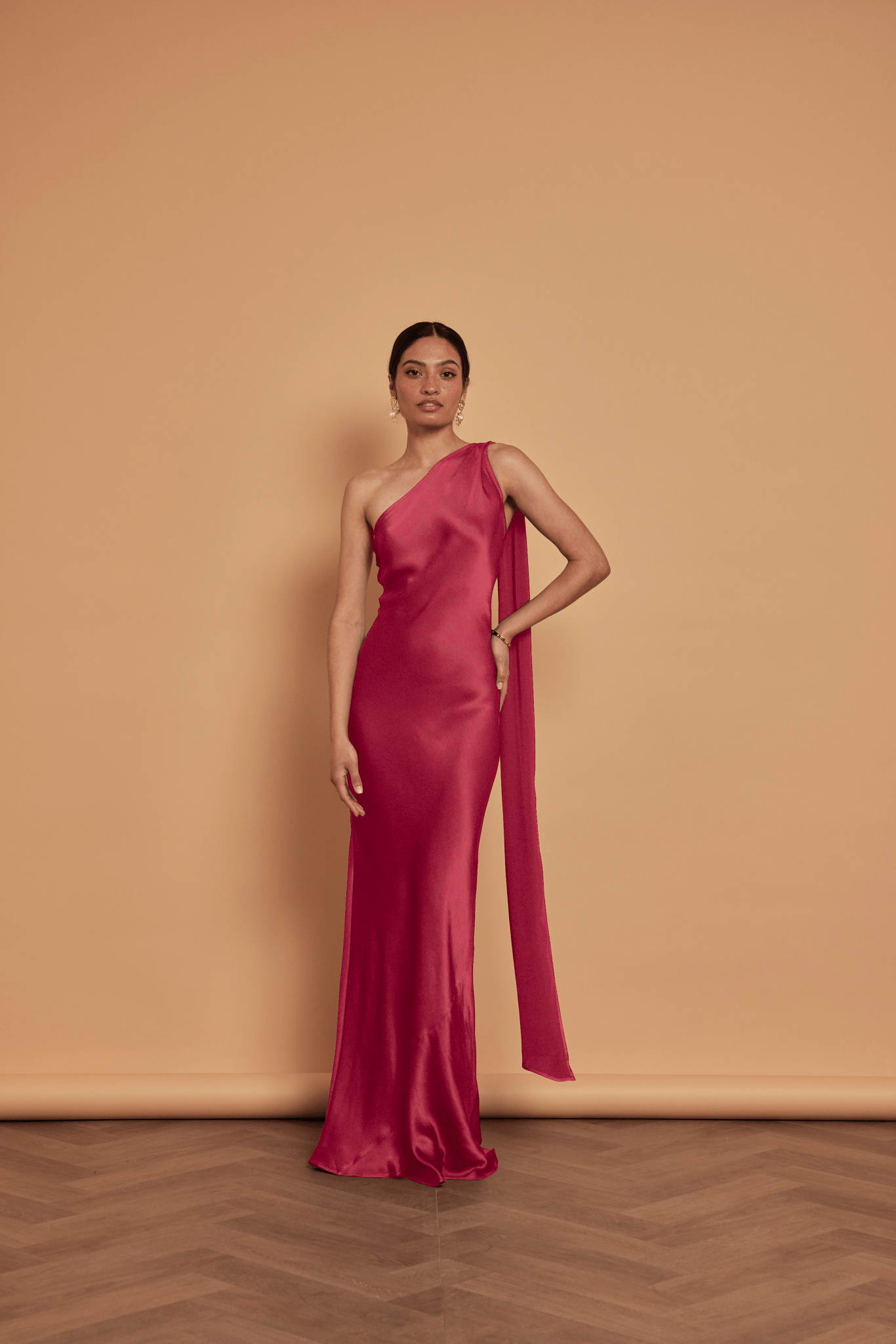Cressida Satin Asymmetric Dress - Burgundy - Maids to Measure