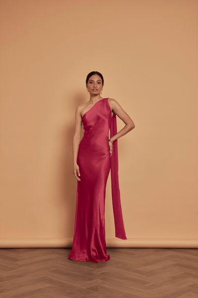 Cressida Satin Asymmetric Dress - Burgundy - Maids to Measure