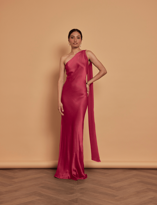 Cressida Satin Asymmetric Dress - Burgundy - Maids to Measure