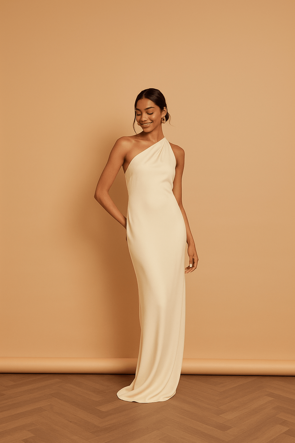 Cressida Satin Asymmetric Dress - Champagne Ivory - Maids to Measure