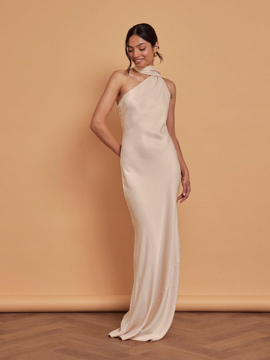 Cressida Satin Asymmetric Dress - Champagne Ivory - 14 / Champagne Ivory