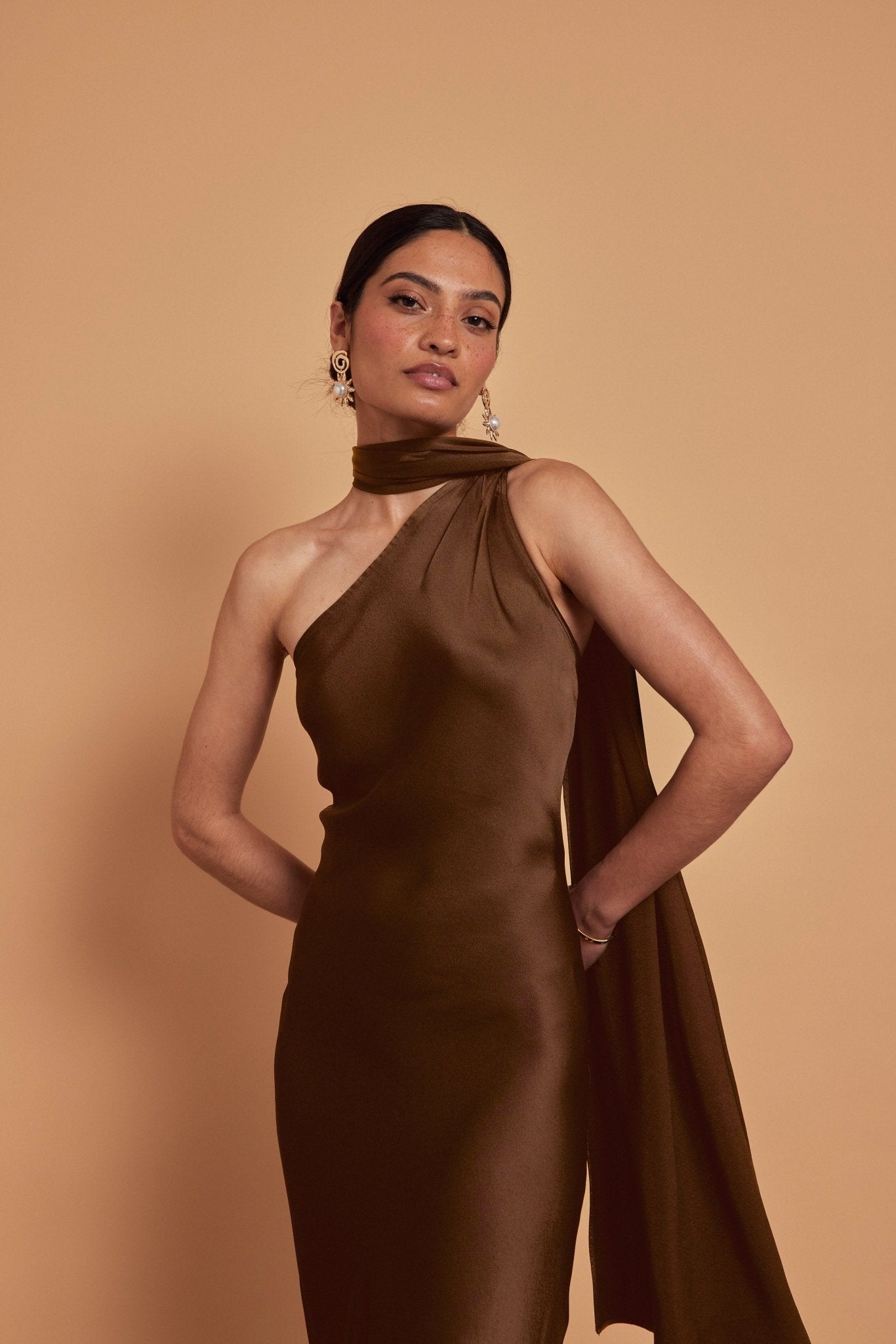 Cressida Satin Asymmetric Dress - Chocolate Brown - Maids to Measure
