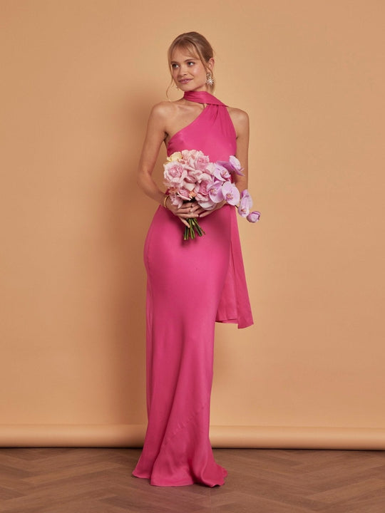 Cressida Satin Asymmetric Dress - Hot Pink - 18 / Hot Pink