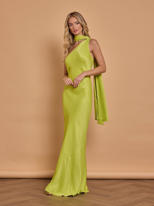 Cressida Satin Asymmetric Dress - Lime Green - 16 / Lime Green