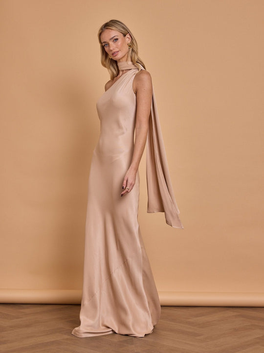 Cressida Satin Asymmetric Dress - Mocha - Maids to Measure