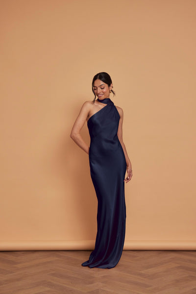 Cressida Satin Asymmetric Dress - Navy Blue - Maids to Measure