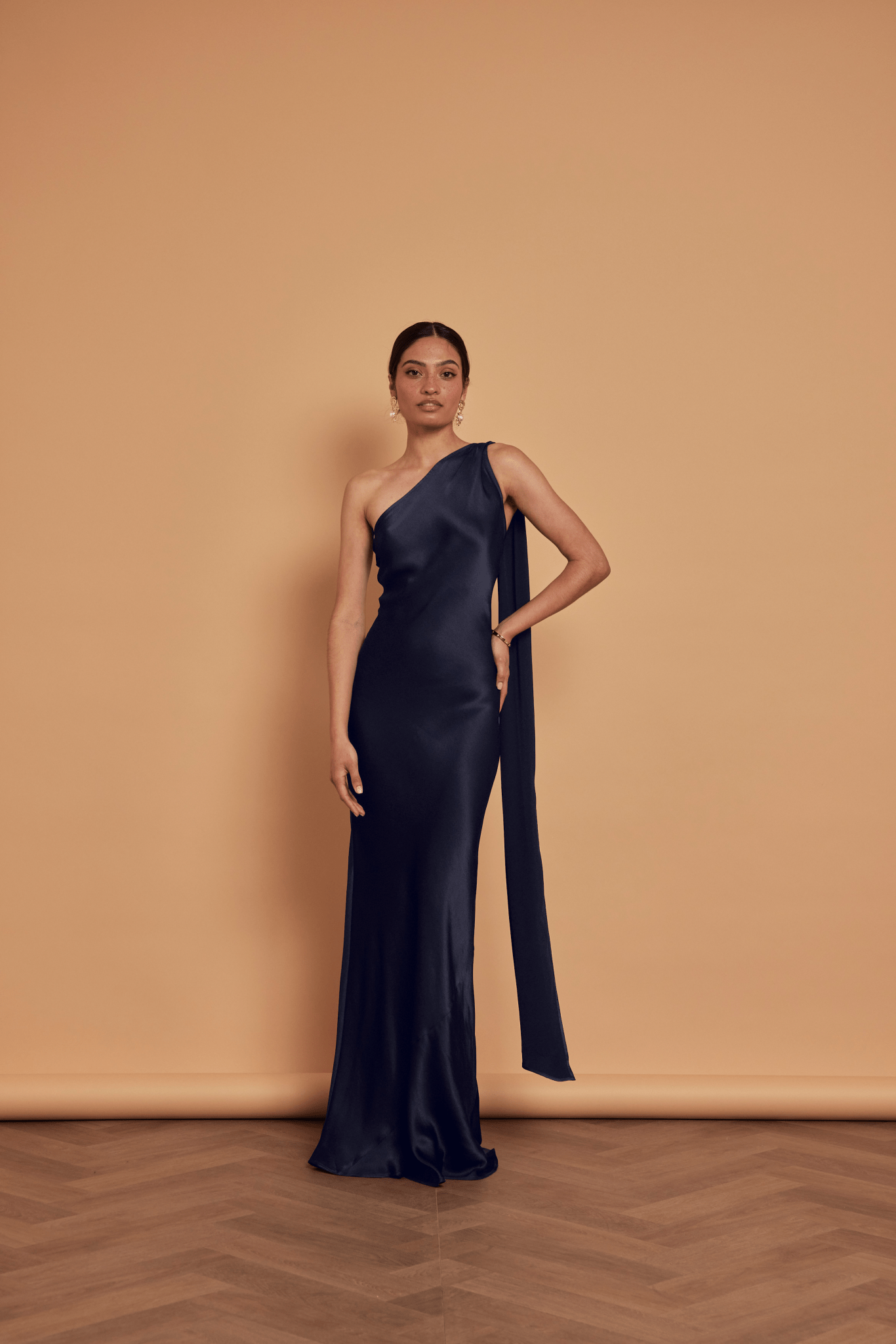 Cressida Satin Asymmetric Dress - Navy Blue - Maids to Measure