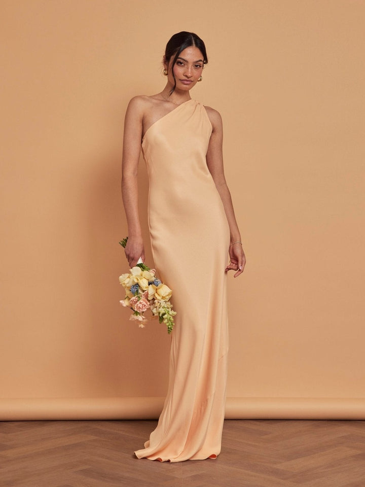 peach asymmetrical maxi dress Printed Mesh Strapless Ruched Asymmetric Maxi Dress