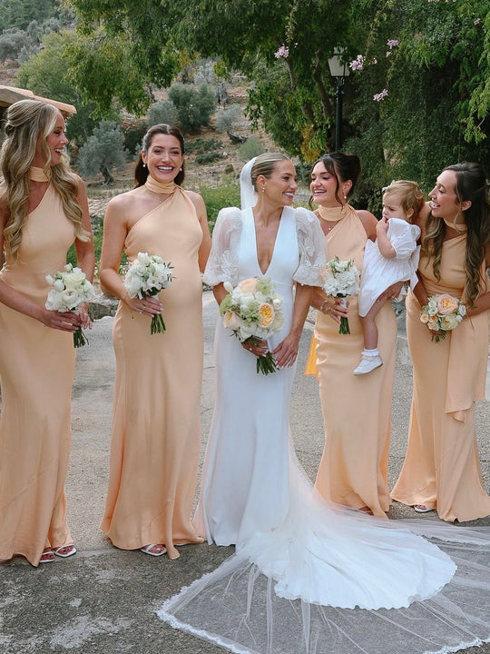 Cressida Satin Asymmetric Dress - Peach - Maids to Measure
