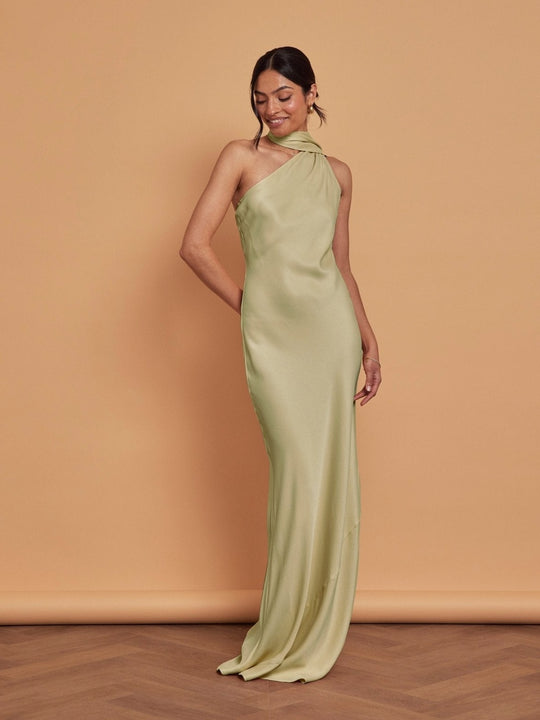 Cressida Satin Asymmetric Dress - Sage Green - 6 / Sage Green