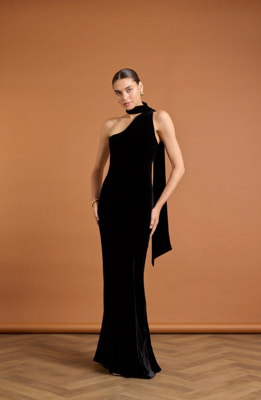 Cressida Velvet Asymmetric Dress - Black - 6 / Black