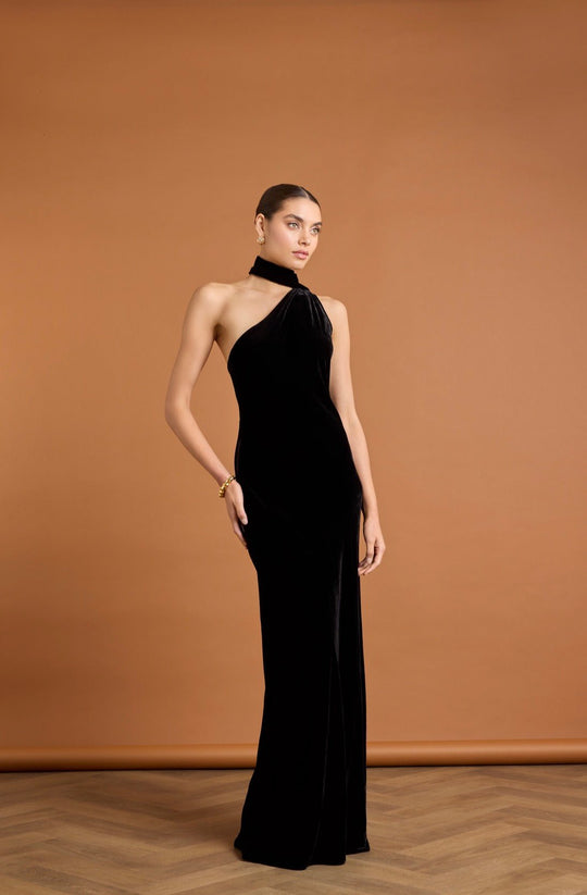 Cressida Velvet Asymmetric Dress - Black - Maids to Measure