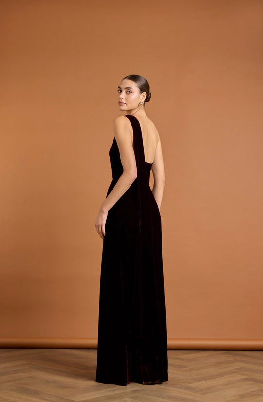 Cressida Velvet Asymmetric Dress - Burgundy - Maids to Measure